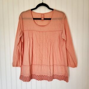 GRAMICCI Peach 100% Cotton Pleated 3/4 Sleeve Eyelet Hem Blouse Large